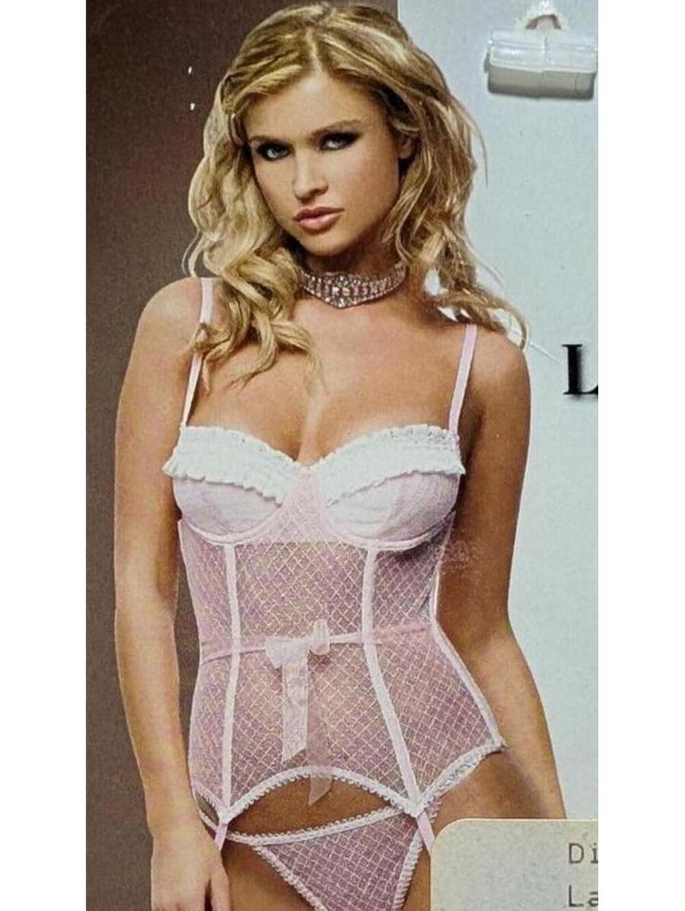 VINTAGE LEG AVENUE Diamond Lace baby pink & white gartered bustier set NWT Large